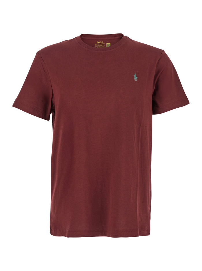 Bordeaux Crewneck T-Shirt with Pony Embroidery on the Front in Cotton Man Tshirts And Polo Shirts