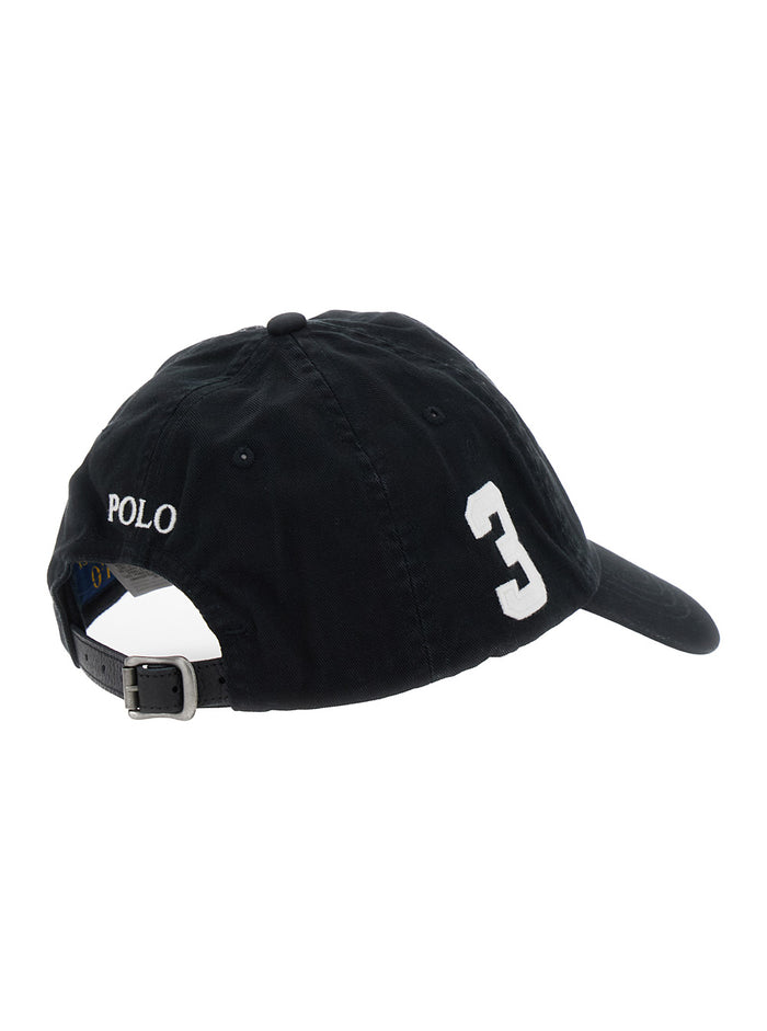 Black Baseball Cap with Maxi Pony on the Front and Numeric Detail Side in Cotton for Men Hats Gloves