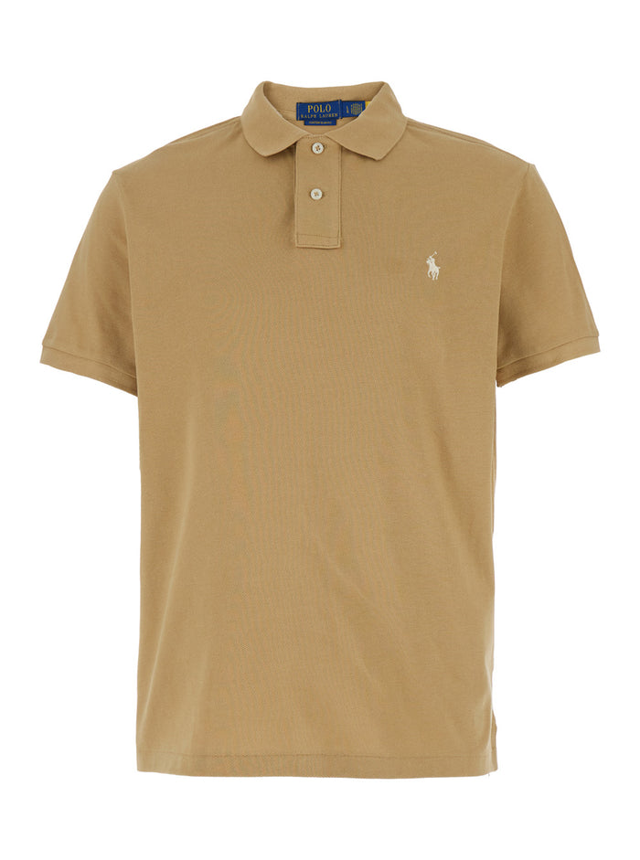 Custom Slim Fit Beige Polo with Classic Collar and Pony Embroidery on the Front in Cotton Man Tshirts Shirts