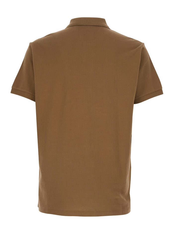 Slim Fit Brown Polo Shirt with button closure and embroidered pony logo in Cotton Man Tshirts