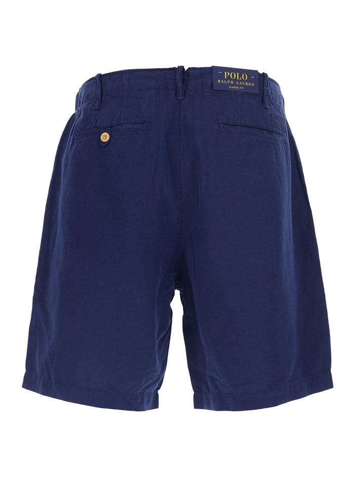 Blue Bermuda with Side Pockets and logo patch on the back in Linen Cotton Blend Men Blu Shorts