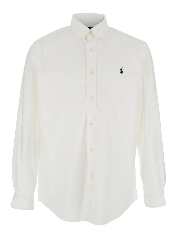 Custom Fit Oxford White Shirt with Button Down Collar and Pony Embroidery on the Front in Cotton Man Blouses