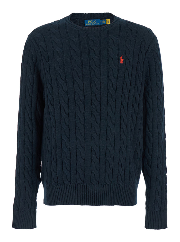 Crew Neck Sweater with Pony Embroidery on the Front and Intreccio in Blue for Men Blu Cotton Jersey