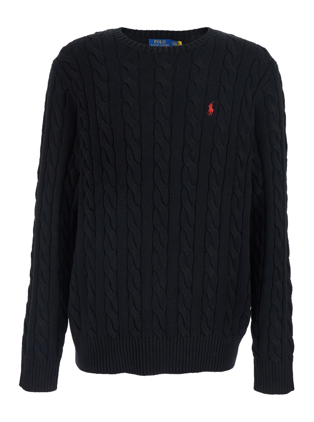 Black Crew Neck Sweater with Pony Logo on the Front in Cotton Man Jersey