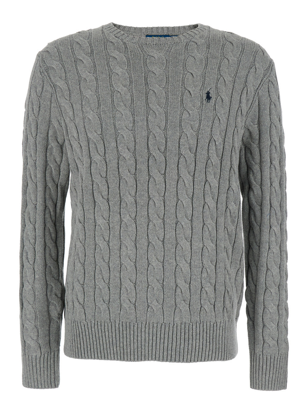 Grey Crewneck Sweater with Pony Embroidery on the Front and Cable Knit in for Women Jersey