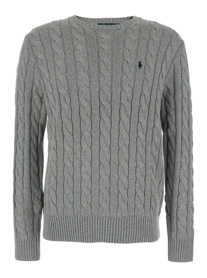 Grey Crewneck Sweater with Pony Embroidery on the Front and Cable Knit in for Women Jersey