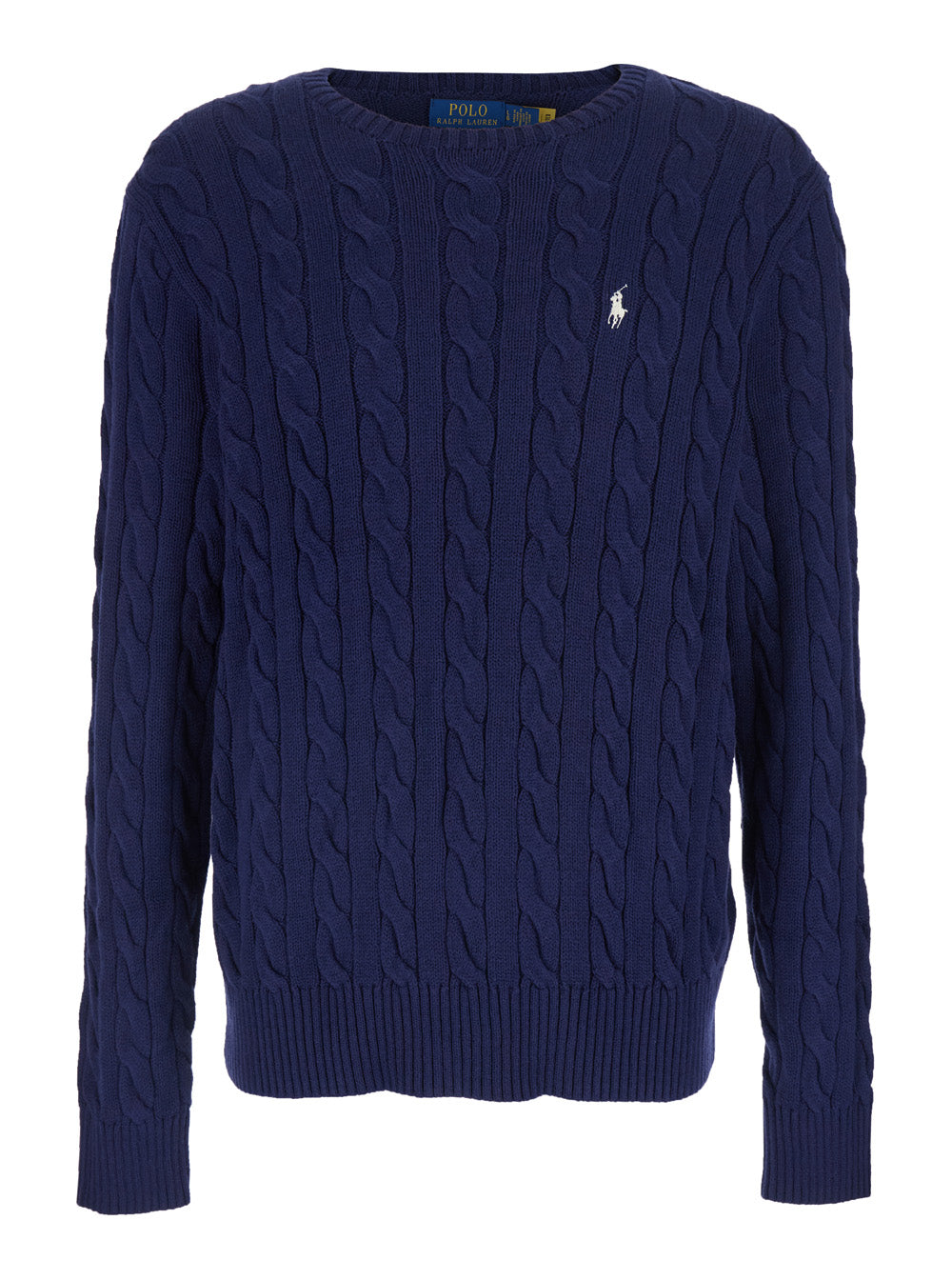 Blue Crewneck Sweater with Braided Knit and Pony Embroidery on the Front in Cotton Man Blu Jersey