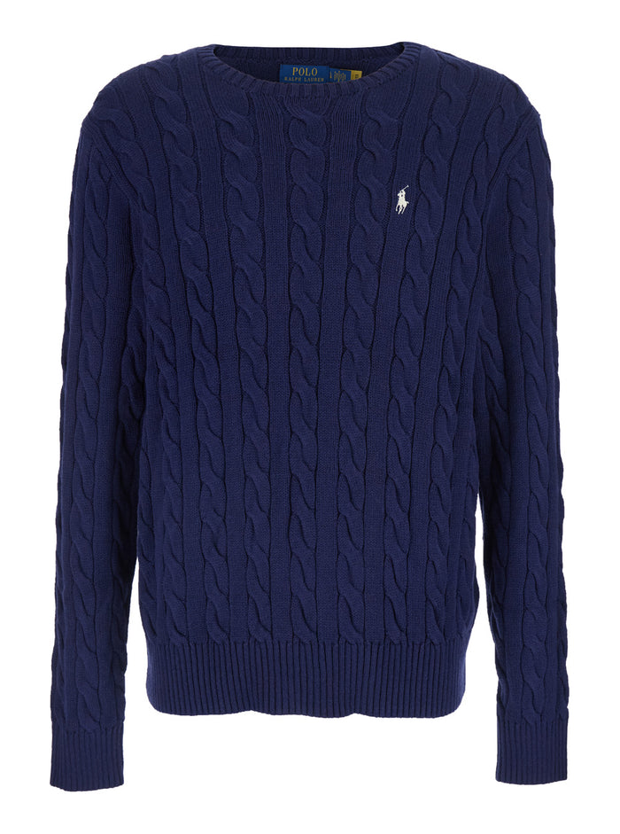 Blue Crewneck Sweater with Braided Knit and Pony Embroidery on the Front in Cotton Man Blu Jersey