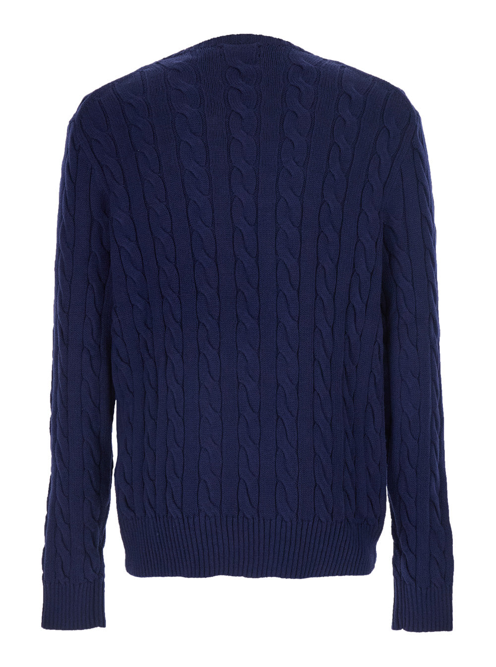 Blue Crewneck Sweater with Braided Knit and Pony Embroidery on the Front in Cotton Man Blu Jersey