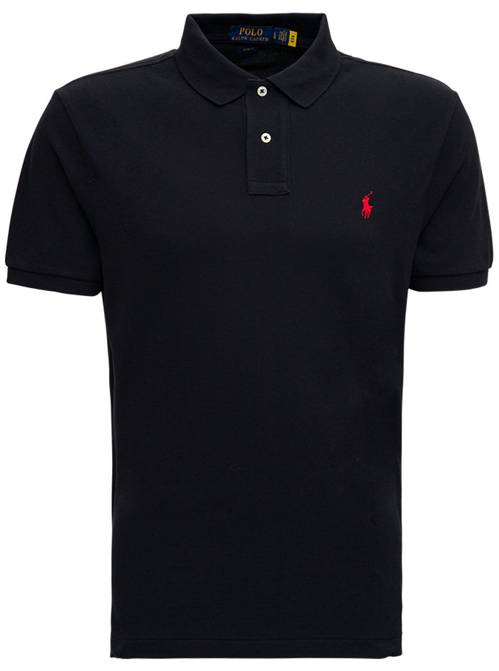 Black Polo Shirt with classic collar and pony logo on the front in cotton for men Tshirts