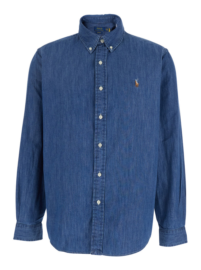 Blue Long-sleeved Shirt with Classic Collar and Embroidered Pony Logo in Denim for Men Blu Blouses
