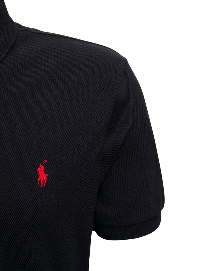 Slim Fit Black Polo Shirt with Classic Collar and Pony Embroidery on the Front in Cotton Piquet Man Tshirts