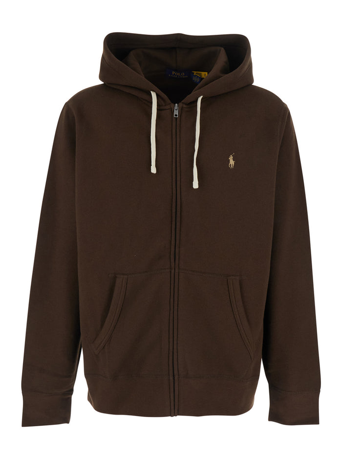 Brown Hooded Sweatshirt with Drawstring and Pony Embroidery on the Front in Cotton Blend for Men Recycled Polyester Sweatshirts
