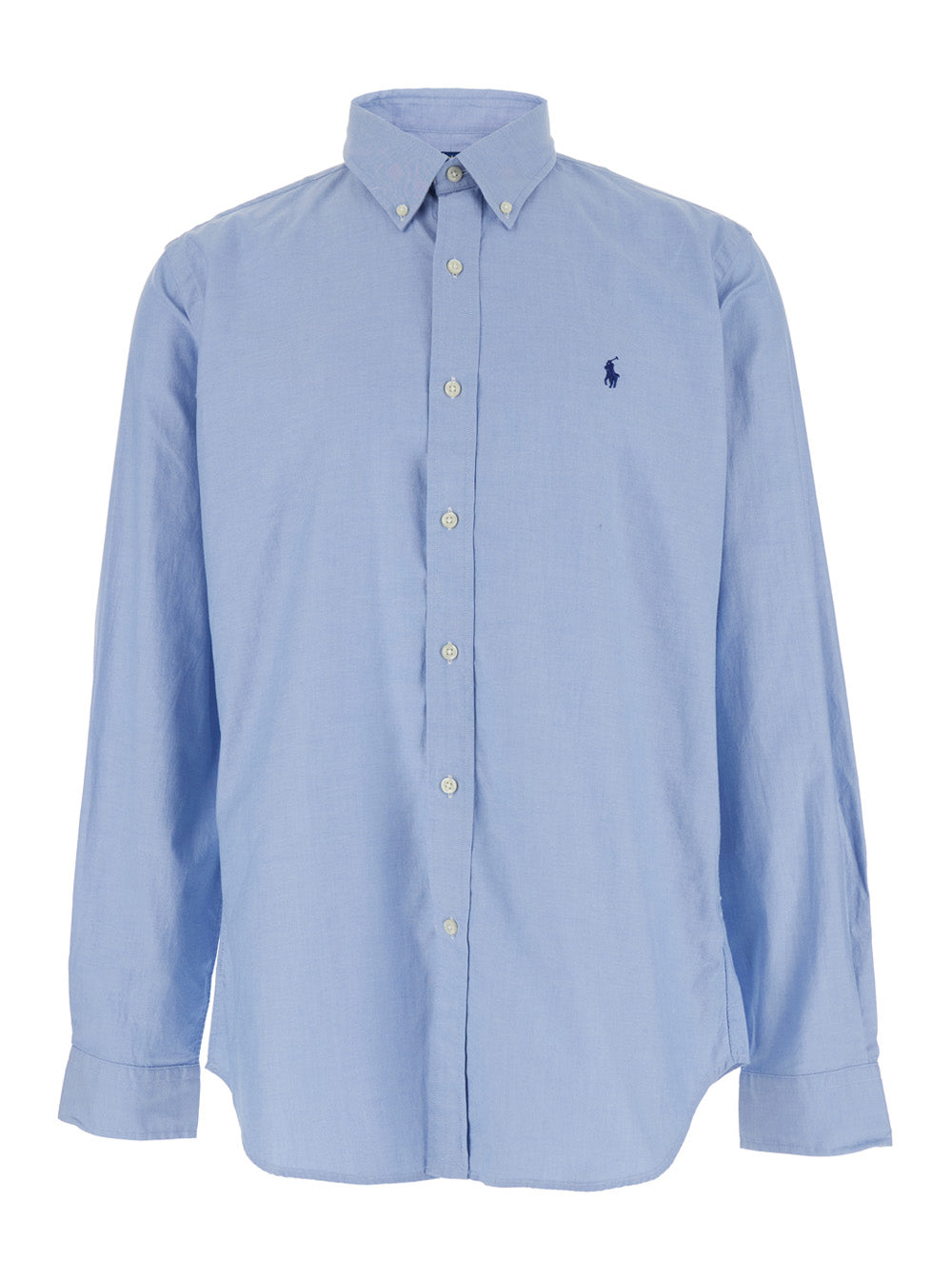 Blue Shirt Custom Fit with Button Down Collar and Pony Embroidery on the Front in Cotton for Men Light Blouses