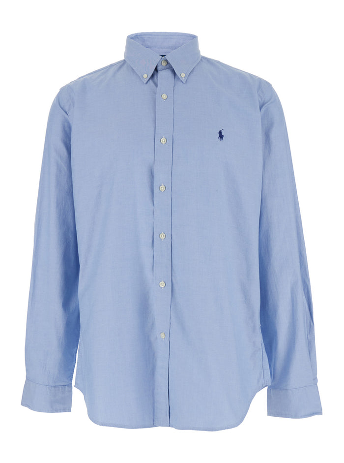 Blue Shirt Custom Fit with Button Down Collar and Pony Embroidery on the Front in Cotton for Men Light Blouses