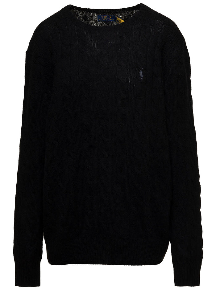 Black Sweater with braided Design and Logo on the Front in Wool Cashmere Man Jersey
