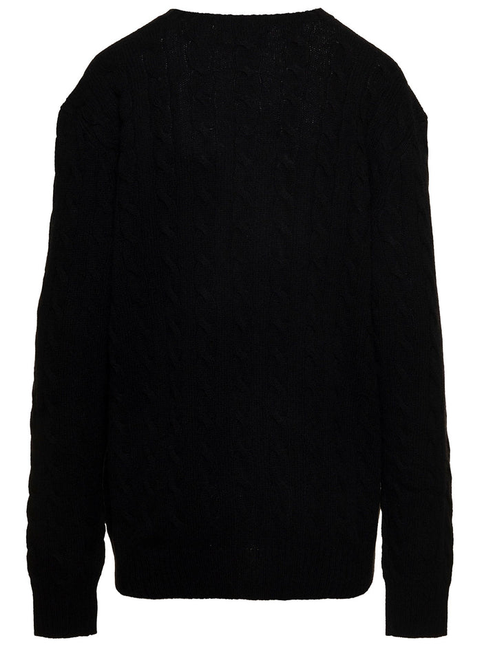Black Sweater with braided Design and Logo on the Front in Wool Cashmere Man Jersey