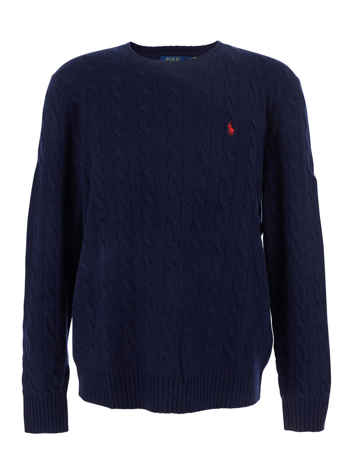 Blue Crew Neck Sweater with Cable Knit and Pony Embroidery on the Front in Wool Cashmere for Men Blu Jersey