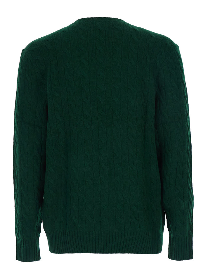 Crew Neck Sweater with Pony Embroidery on the Front and Cable Knit in Green Wool Cashmere for Men Jersey