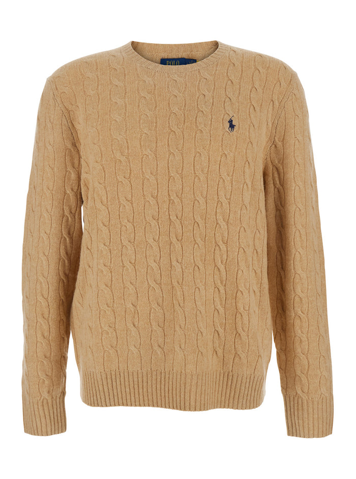 Beige Crew Neck Sweater with Braided Knit and Pony Embroidery on the Front in Wool Cashmere for Men Jersey