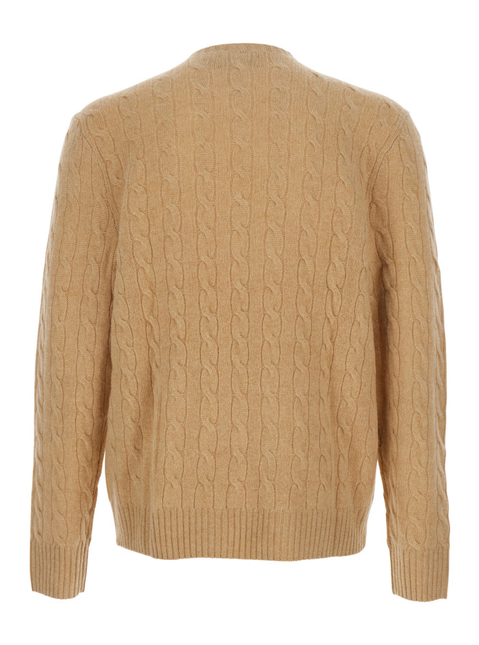 Beige Crew Neck Sweater with Braided Knit and Pony Embroidery on the Front in Wool Cashmere for Men Jersey