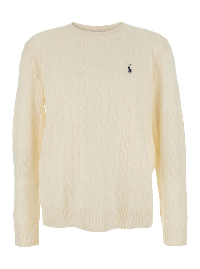 White Crewneck Sweater with Braided Knit and Pony Embroidery on the Front in Wool Cashmere for Men Jersey
