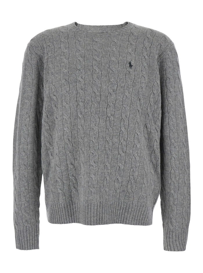 Crew Neck Sweater with Pony Embroidery on the Front and Knit in Wool Cashmere Gray Men Grey Jersey