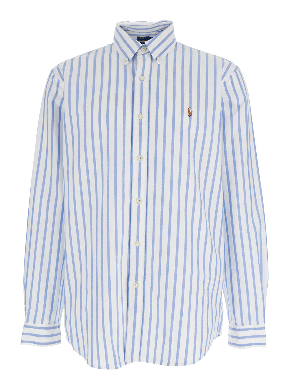 Light Blue Shirt With Pony Embroidery On The Front And All-Over Striped Motif In Cotton For Men Blouses