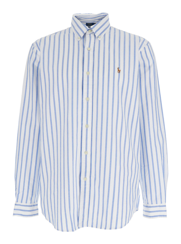 Light Blue Shirt With Pony Embroidery On The Front And All-Over Striped Motif In Cotton For Men Blouses