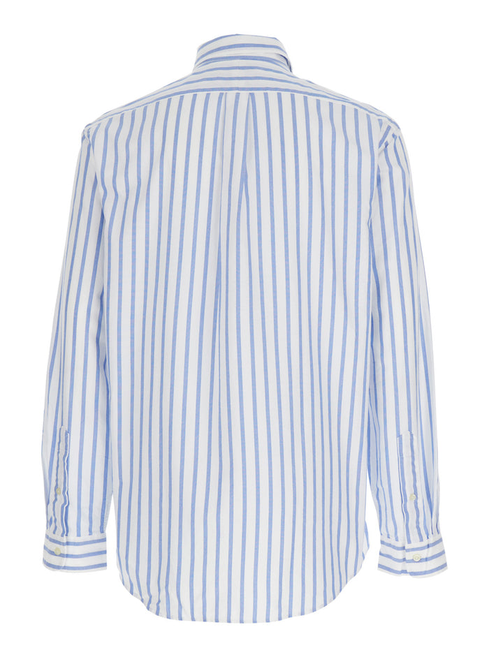 Light Blue Shirt With Pony Embroidery On The Front And All-Over Striped Motif In Cotton For Men Blouses