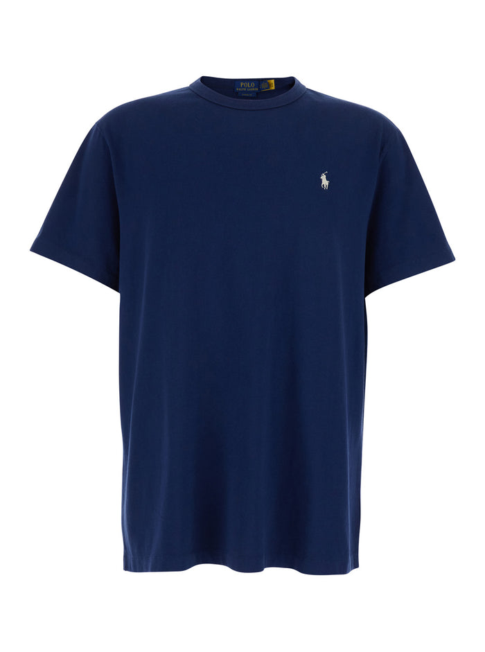 Classic Fit Blue T-Shirt Crew Neck with Pony Embroidery in Cotton Men Blu Tshirts And Polo Shirts