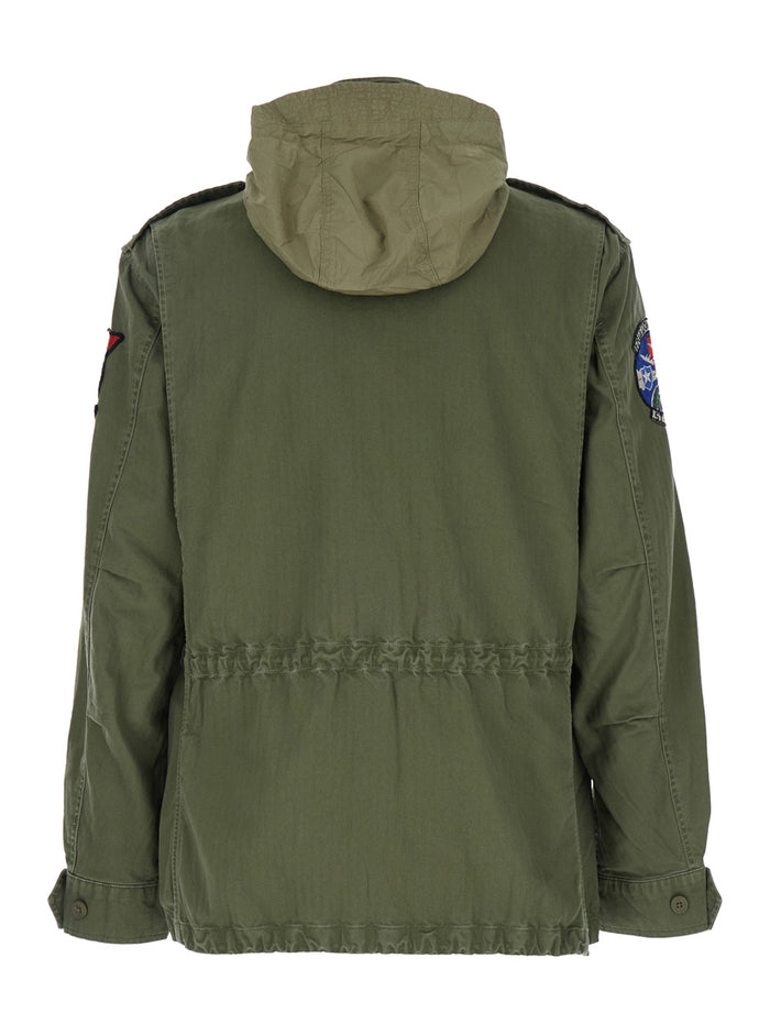 Green Jacket with Patches Applied on the Front and Sleeves in Cotton Man Outerwear