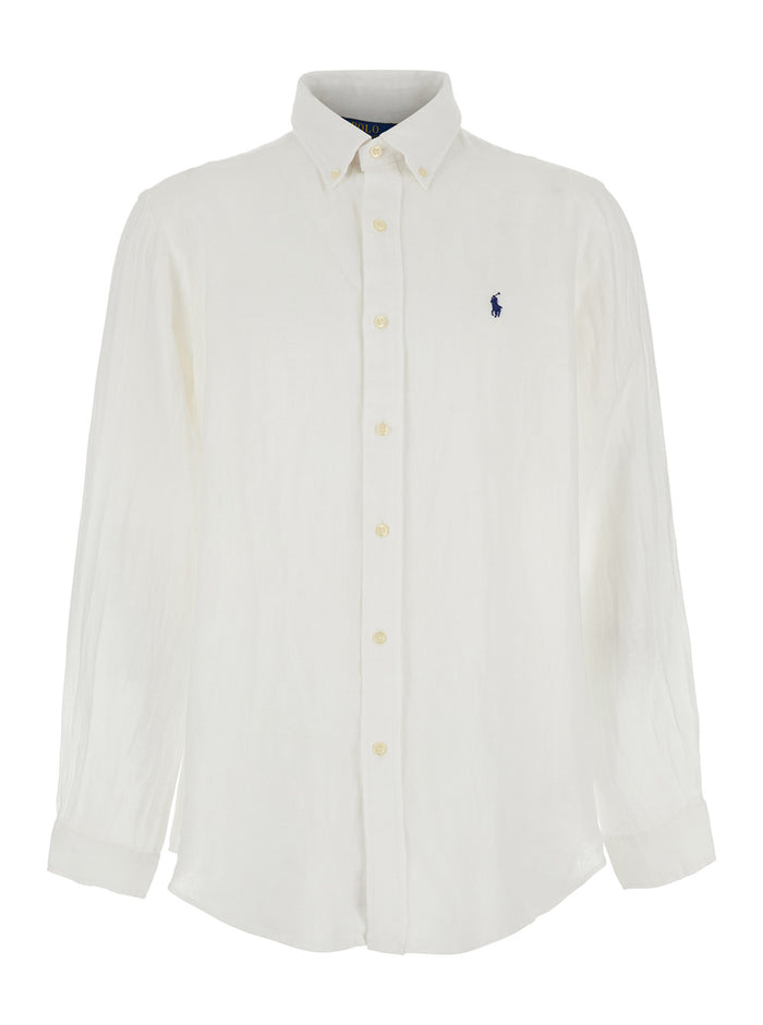 Custom-Fit White Shirt With Button-Down Collar And Logo On The Front Linen Man Blouses