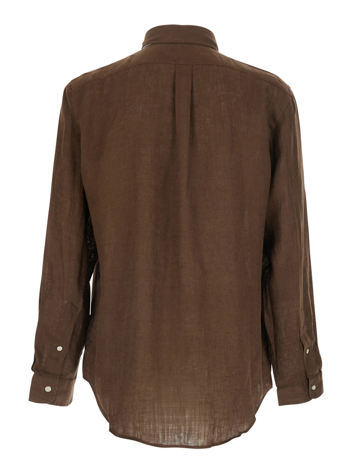 Classic Fit Brown Shirt with Pointed Collar and Embroidered Pony Logo on the Front in Linen Man Blouses