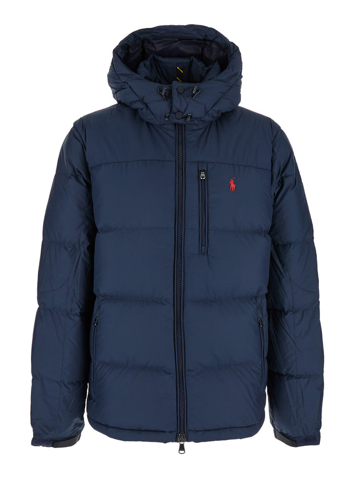 Blue Puffer Jacket with Fixed Hood and Embroidered Pony Logo on Chest in Tech Fabric for Men Blu Polyester Down