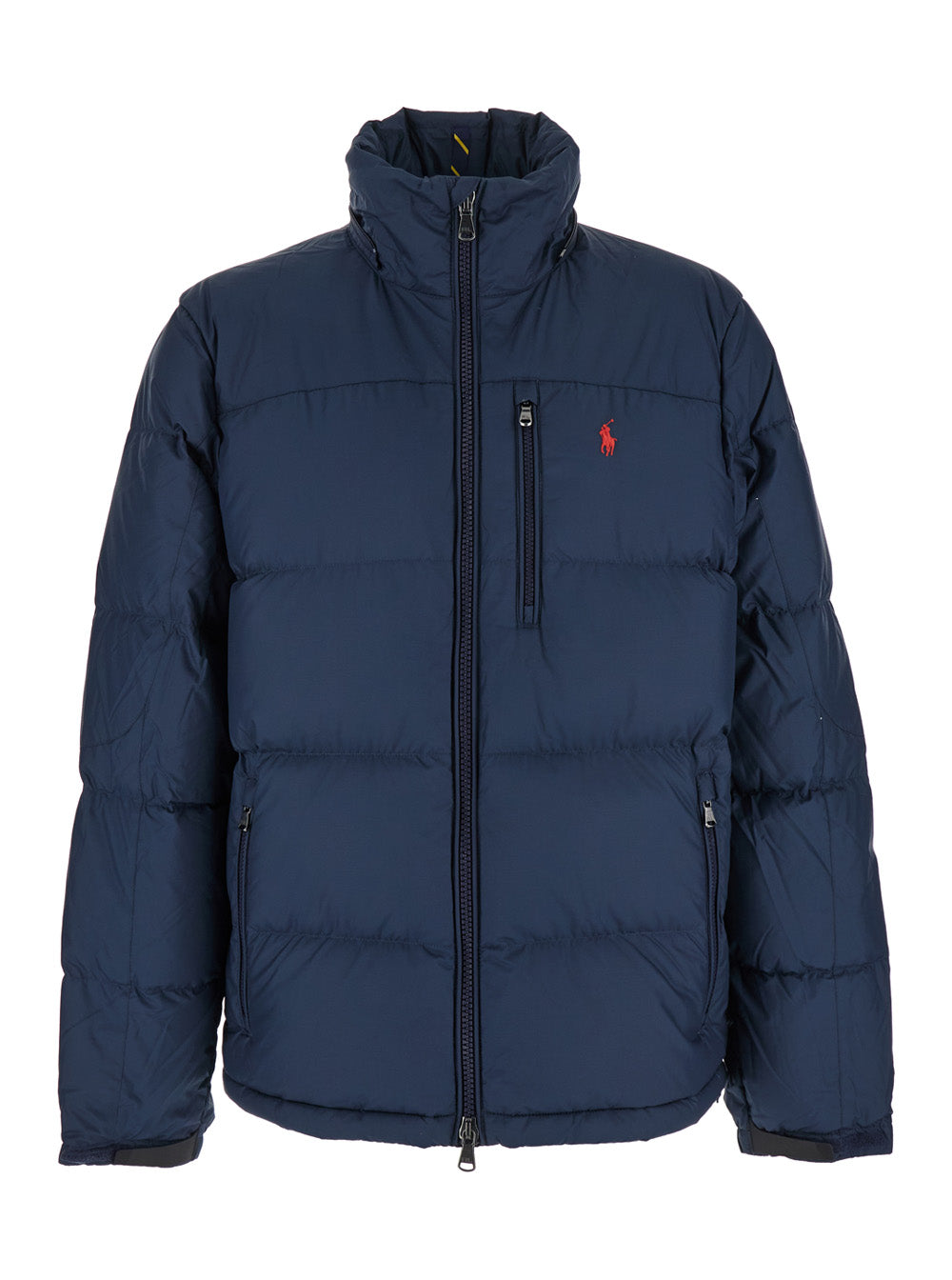 Blue Puffer Jacket with Fixed Hood and Embroidered Pony Logo on Chest in Tech Fabric for Men Blu Polyester Down