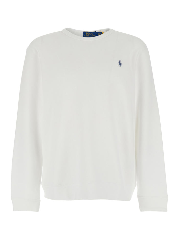 White Crewneck Sweatshirt with Embroidered Logo on Front in Cotton Man Polyester Sweatshirts
