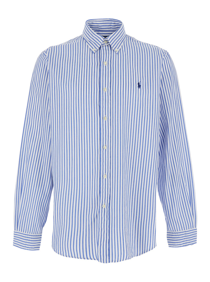 Light Blue Shirt With Striped Design And Classic Collar In Cotton Man Blouses