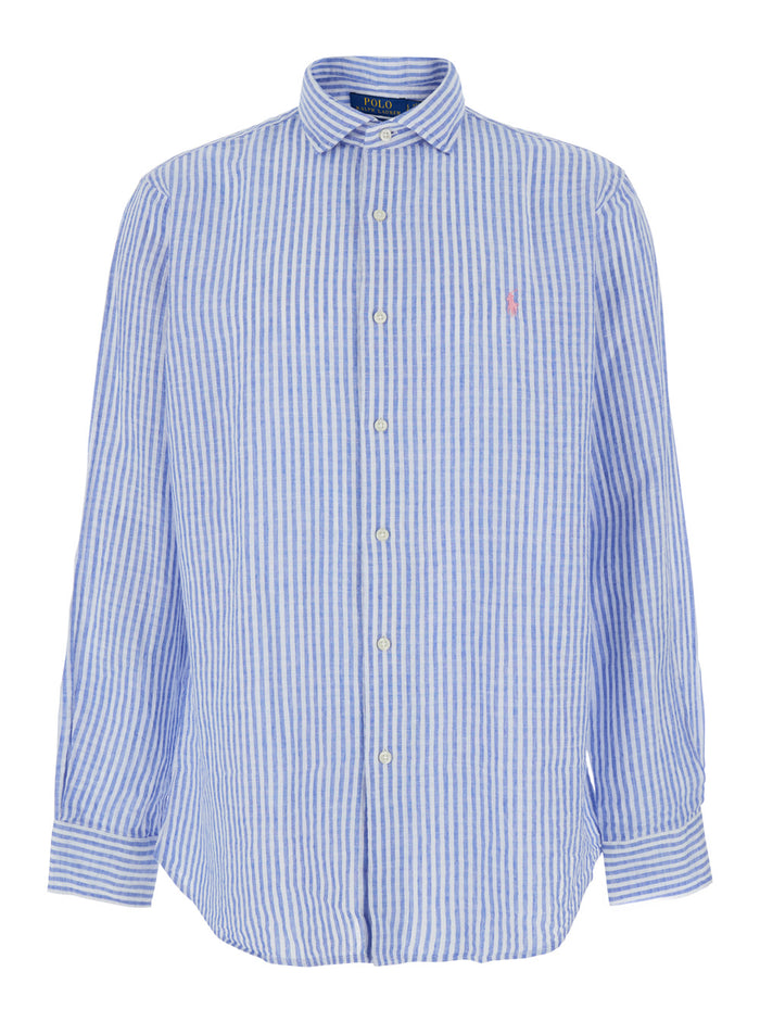 Blue Striped Linen Shirt With Classic Collar And Long Sleeves For Men Light Blouses