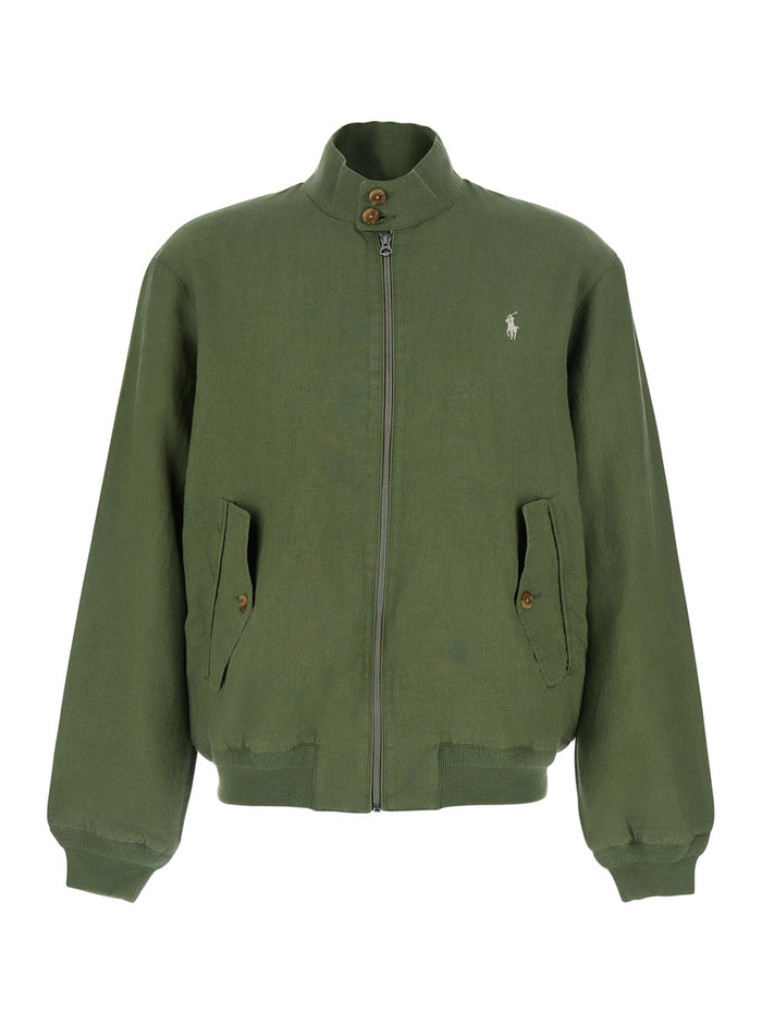 Jackets Wind Brkr Lino Green With Front Zip Closure For Men Linen