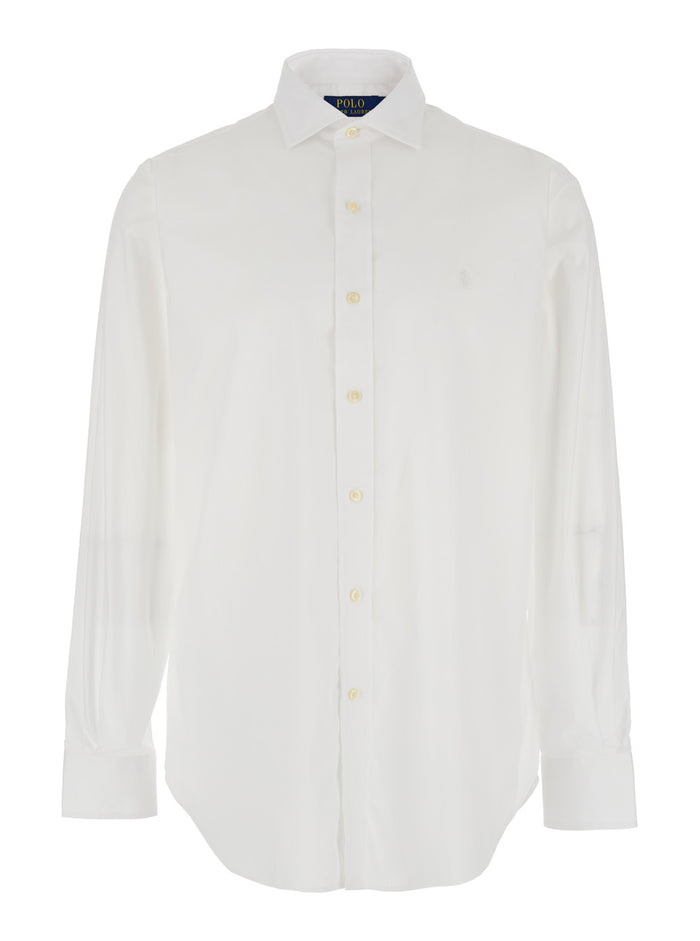 Custom Fit White Shirt with Pointed Collar and Tone-on-Tone Pony Embroidery on the Front in Cotton for Men Blouses