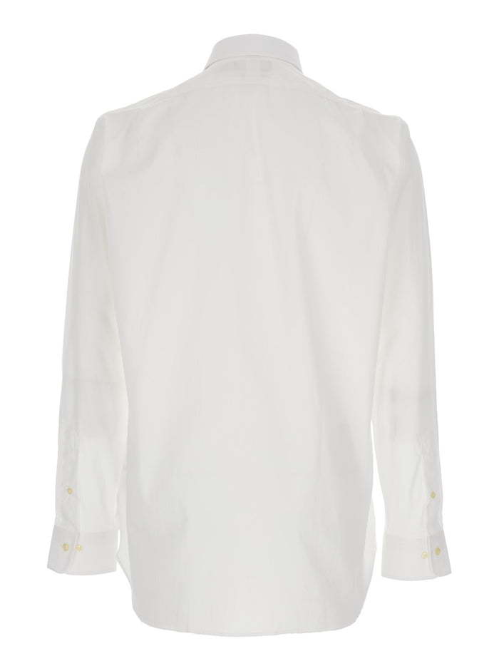 Custom Fit White Shirt with Pointed Collar and Tone-on-Tone Pony Embroidery on the Front in Cotton for Men Blouses
