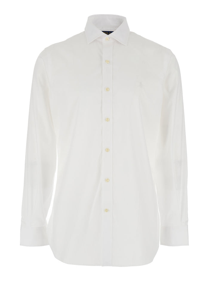 White Slim Fit Shirt with Pointed Collar and Front Embroidery for Men Cotton Blouses