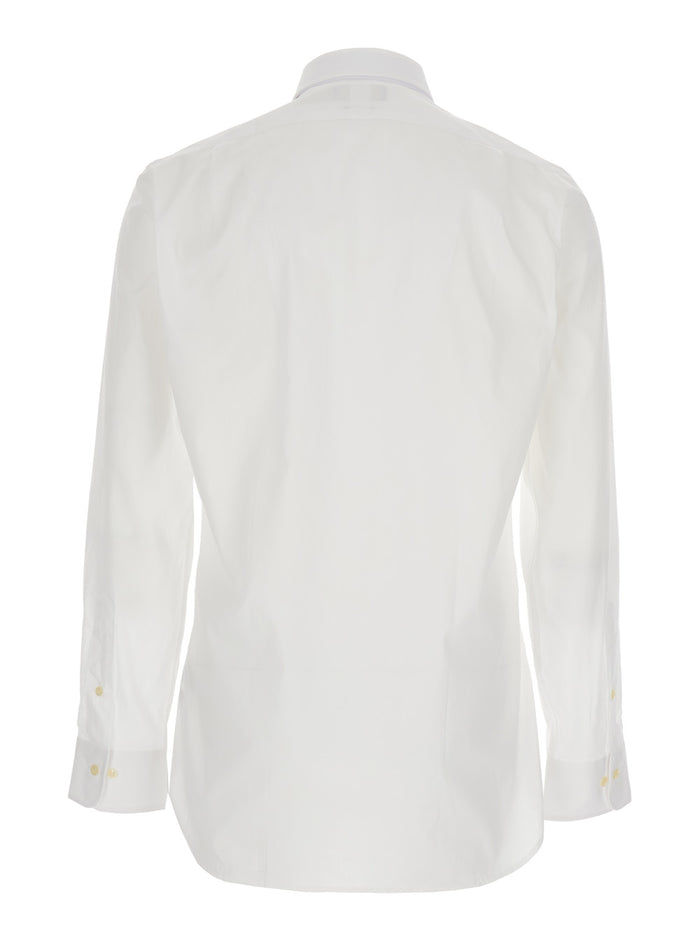 White Slim Fit Shirt with Pointed Collar and Front Embroidery for Men Cotton Blouses