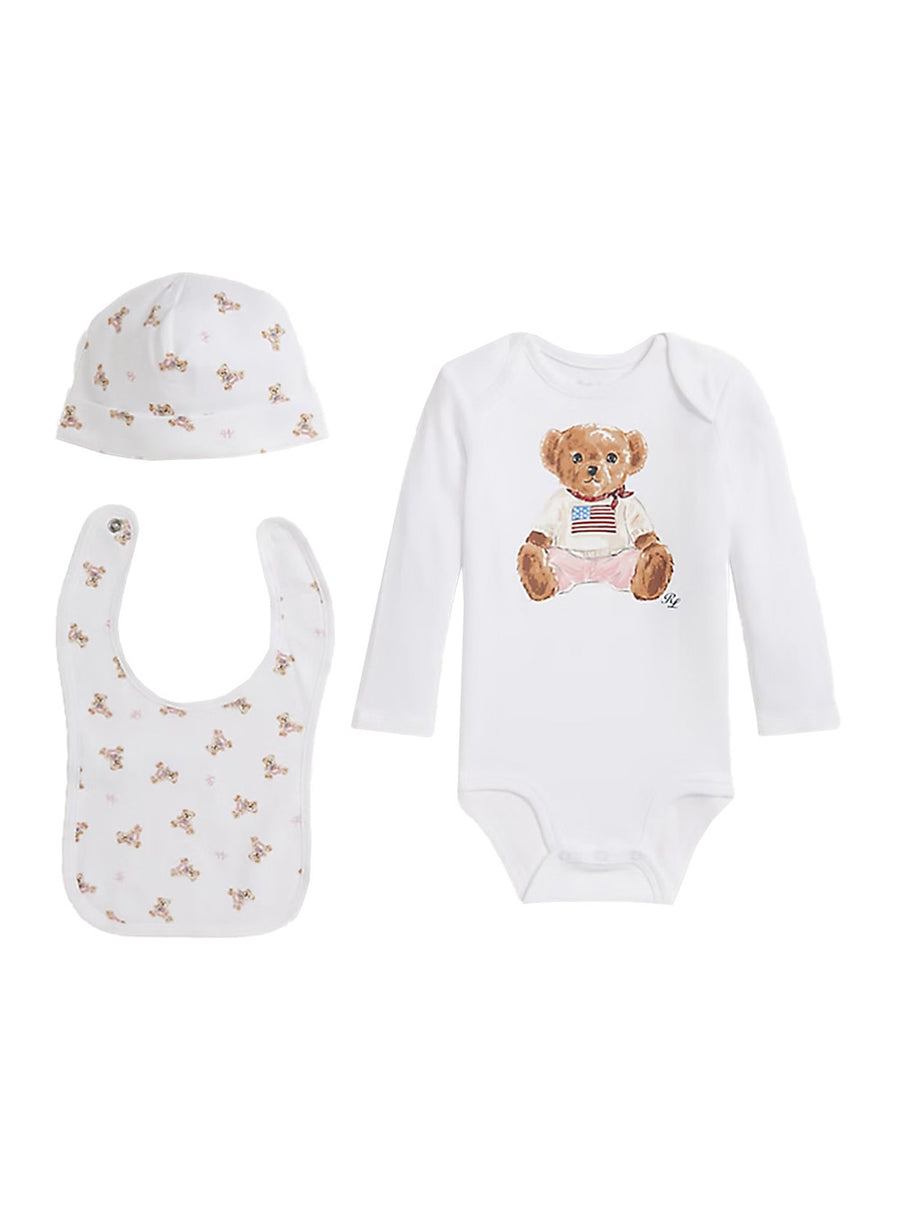 Baby Bodysuit With Hat And Bib White Cotton Tracksuit Sets