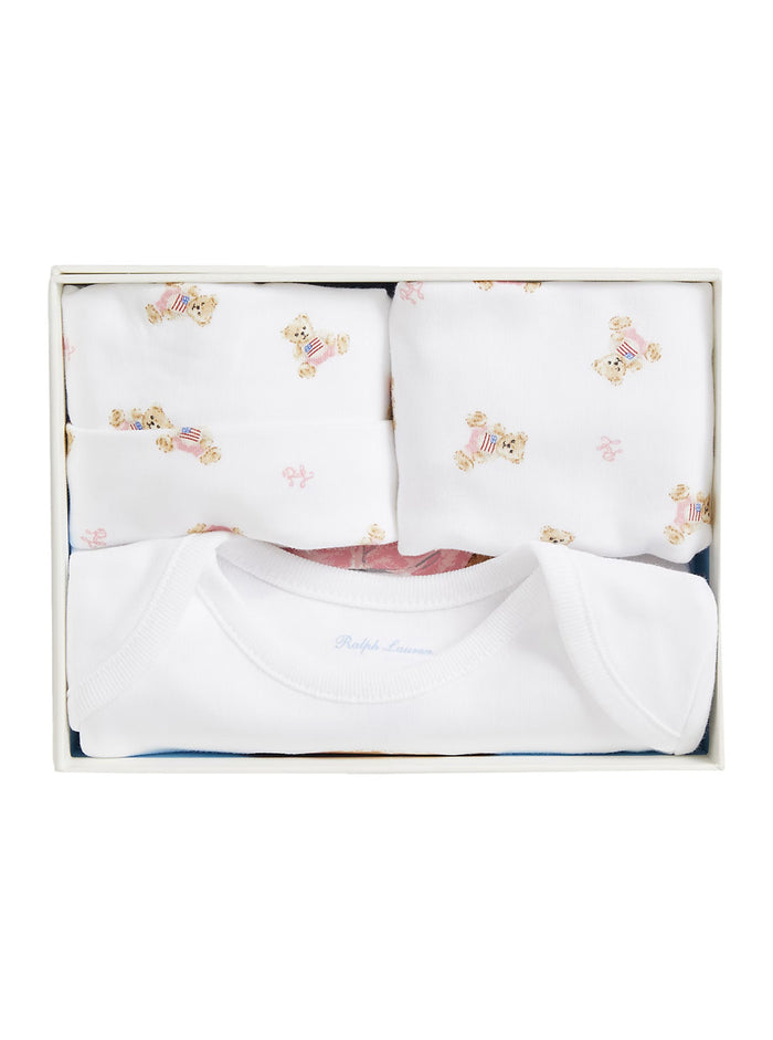 White Logo Baby Bodysuit with Matching Hat and Bib Cotton Suits