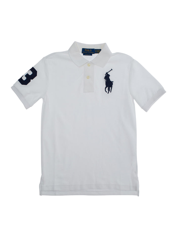 White Polo with Large Pony Embroidery on the Front and Numeric Detail Shoulder in Cotton for Kids Tshirts Shirts