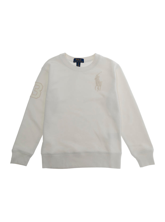KNIT-PULLOVER-SWEATSHIRT White Long Sleeve Sweater with Round Neck and Embroidered Logo for Men Cotton Polyester Jersey
