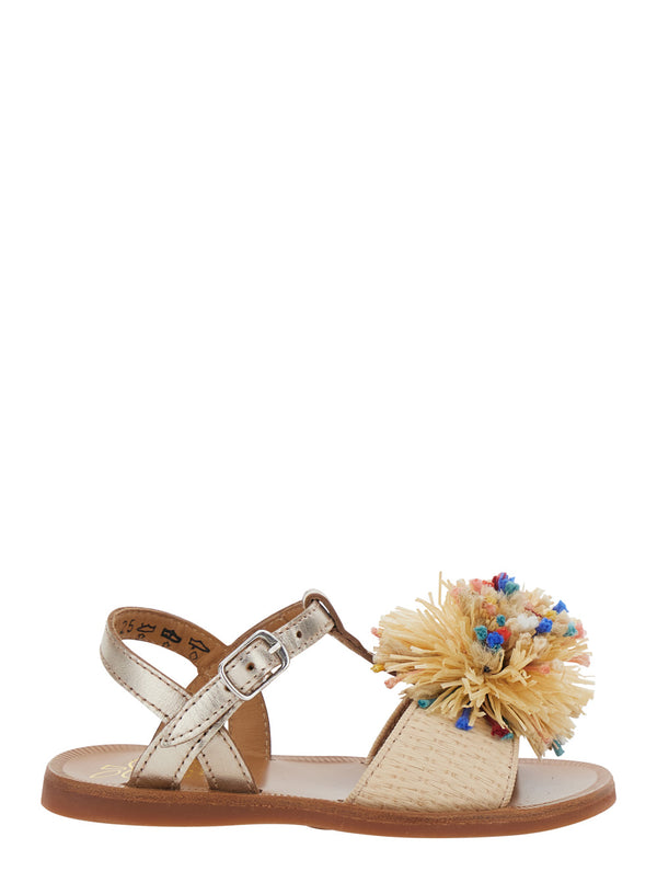 Sandals Gold Laminated Raffia Beige Leather