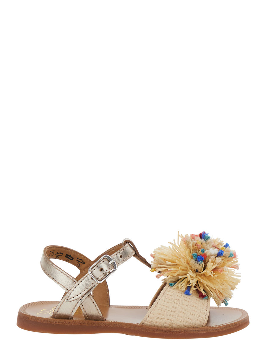 Sandals Gold Laminated Raffia Beige Leather
